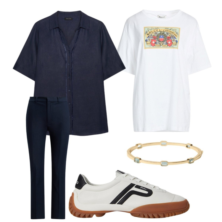 Outfit donna - Lino e leggerezza - Focus Donna Curvy. Stile Sporty chic per Scuola/Università. Abbinamento con t-shirt, camicie a manica corta, sneakers, braccialetti, pantaloni.