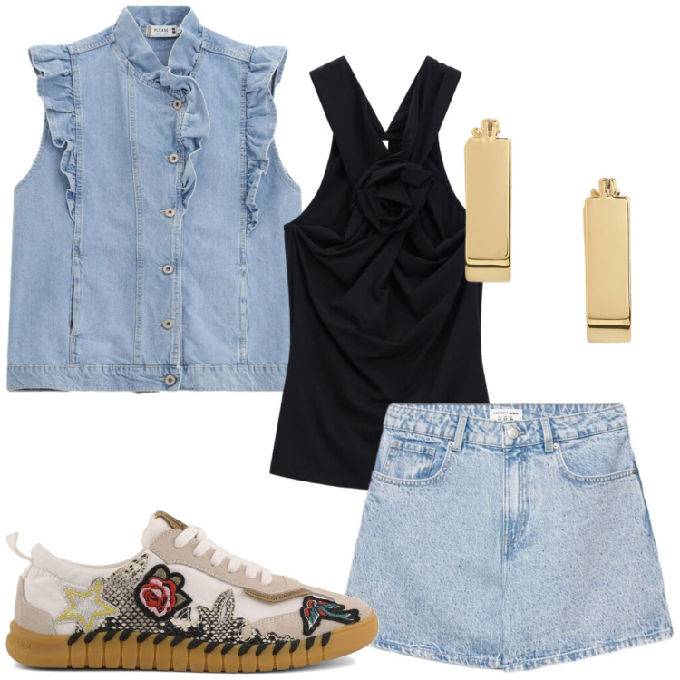 Outfit donna - Total look #2429492. Stile Basic per Tutti i giorni. Abbinamento con shorts, canottiere, gilet, orecchini, sneakers.