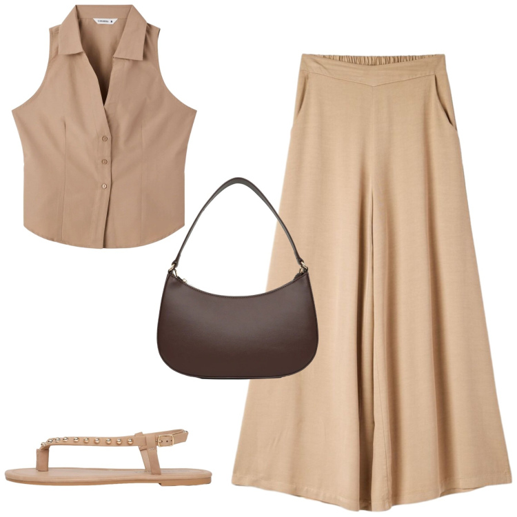 Outfit donna - In città. Stile Casual chic per Tutti i giorni. Abbinamento con pantaloni, top, ciabatte, borse a tracolla.