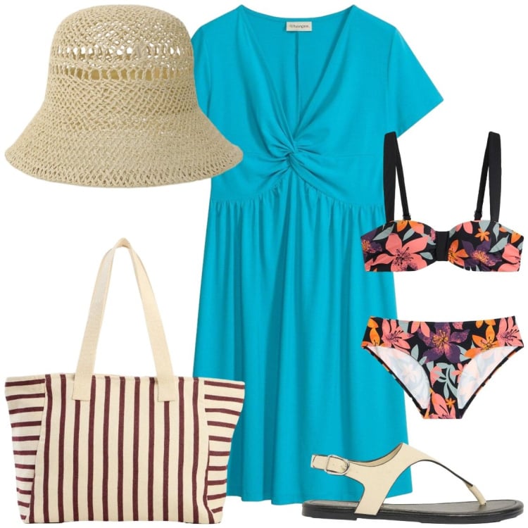 Outfit donna - Turchese. Stile Glamour per Mare. Abbinamento con vestiti, bikini, infradito, shopping bag, cappelli.