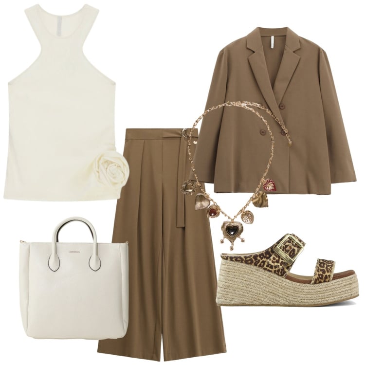 Outfit donna - Total look #2429495. Stile Glamour per Ufficio. Abbinamento con pantaloni a palazzo, borse a tracolla, blazer, top, collane, zeppe.