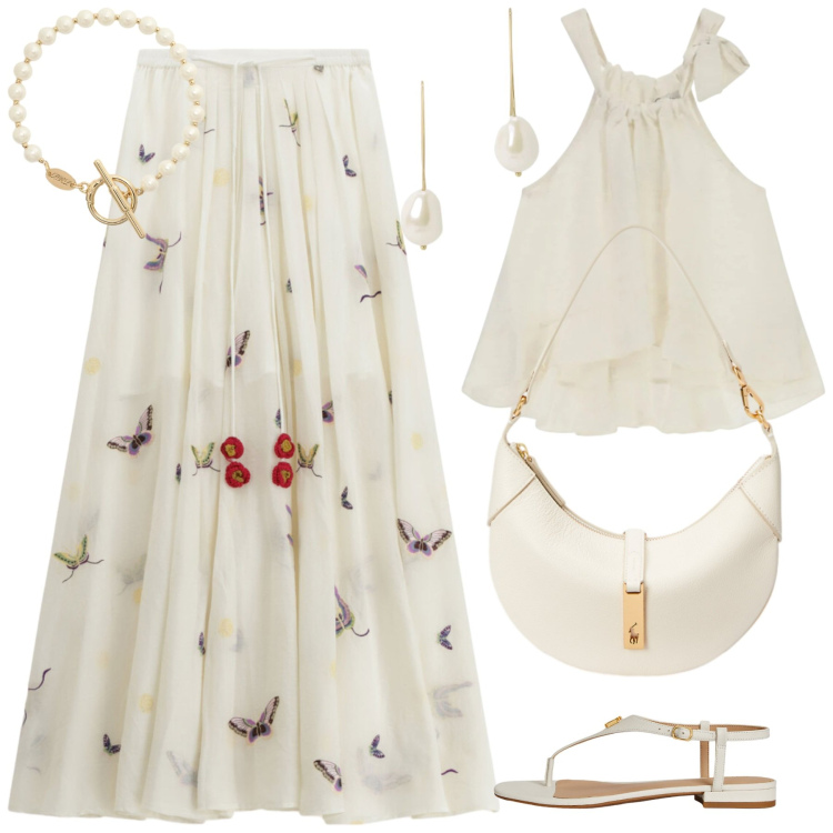 Outfit donna - Total look #2429496. Stile Glamour per Tutti i giorni. Abbinamento con gonne lunghe, top, borse a spalla, sandali in pelle, orecchini, braccialetti.