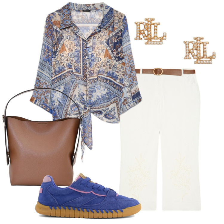 Outfit donna - Total look #2429497. Stile Casual chic per Ufficio. Abbinamento con borse a mano, bluse, pantaloni, orecchini, sneakers.