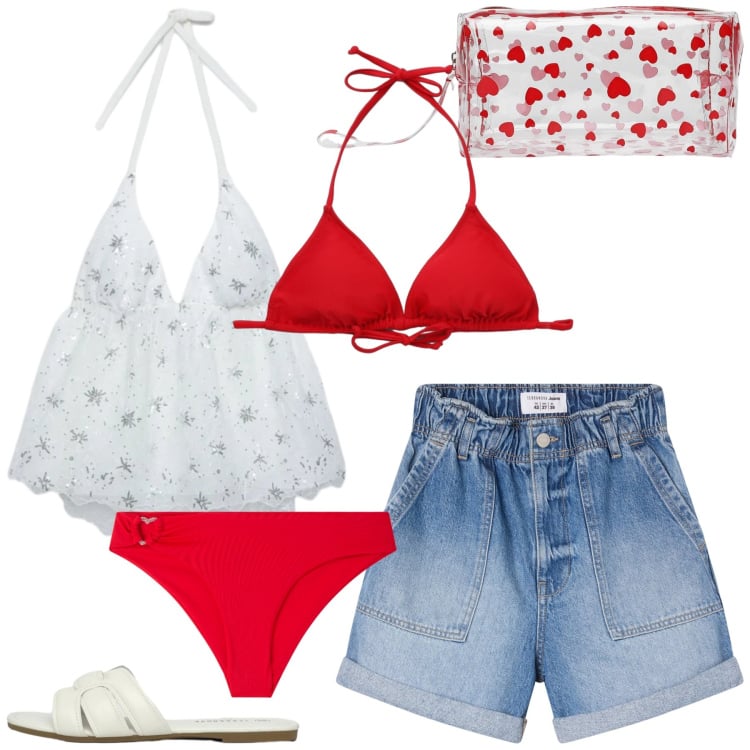 Outfit donna - Total look #2429498. Stile Romantica per Mare. Abbinamento con shorts, top, bikini, valigie, bikini, ciabatte.