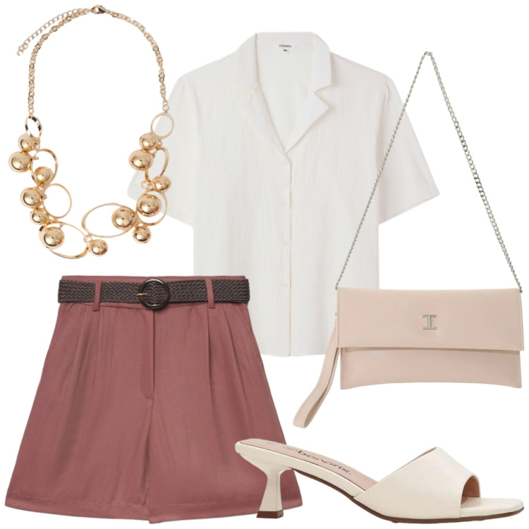 Outfit donna - Total look #2429503. Stile Romantica per Cerimonia. Abbinamento con sandali, bermuda, camicie a manica corta, borse a tracolla, collane.