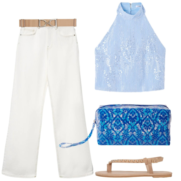 Outfit donna - Total look #2429504. Stile Casual chic per Tutti i giorni. Abbinamento con jeans, top, valigie, ciabatte, cinture.