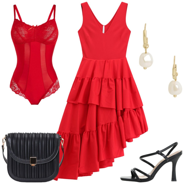 Outfit donna - Total look #2429505. Stile Sexy per Serata fuori. Abbinamento con body, borse a tracolla, vestiti midi/longuette, sandali col tacco, orecchini.