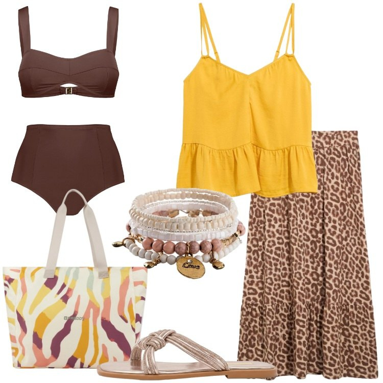 Outfit donna - Weekend al mare. Stile Boho per Mare. Abbinamento con top, braccialetti con ciondoli, gonne longuette, sandali, shopping bag, bikini.