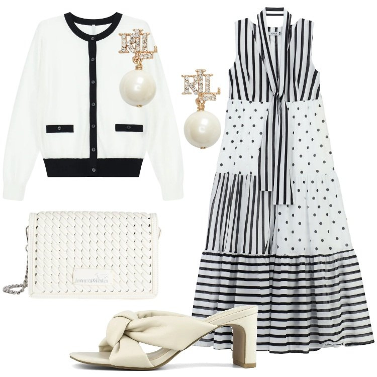 Outfit donna - Pattern sotto il sole. Stile Bon Ton per Tutti i giorni. Abbinamento con borse a tracolla, vestiti lunghi, orecchini, cardigans, sandali col tacco.
