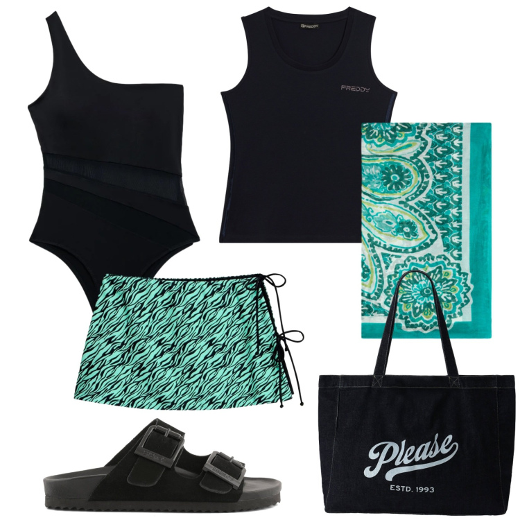 Outfit donna - Rimini. Stile Trendy per Mare. Abbinamento con vestiti da spiaggia, costumi interi, shopping bag, foulard, canottiere, sandali in pelle.