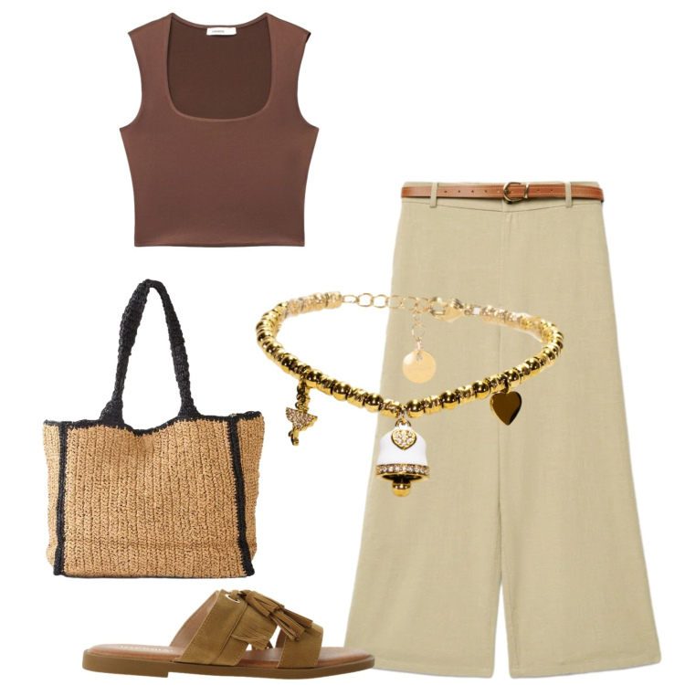 Outfit donna - Total look #2429524. Stile Casual chic per Tutti i giorni. Abbinamento con shopping bag, pantaloni a palazzo, canottiere, sandali, braccialetti.
