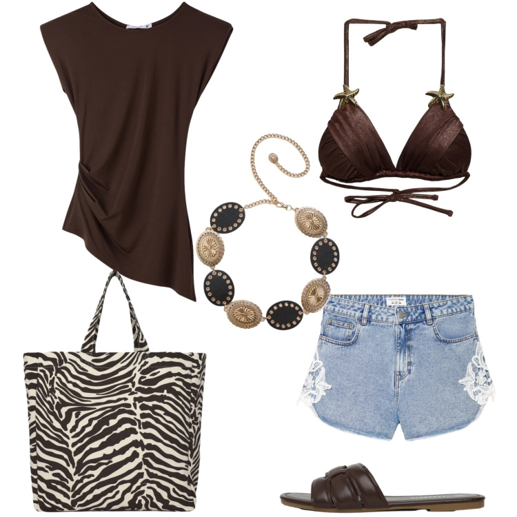 Outfit donna - Terranova - Summer Essentials. Stile Casual chic per Mare. Abbinamento con top, shorts, bikini, cinture, ciabatte, shopping bag.