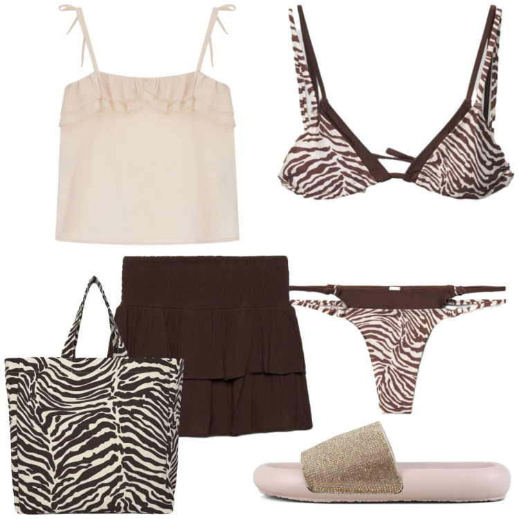 Outfit donna - Total look #2429530. Stile Etnico per Mare. Abbinamento con shopping bag, minigonne, bikini, bikini, top, ciabatte.