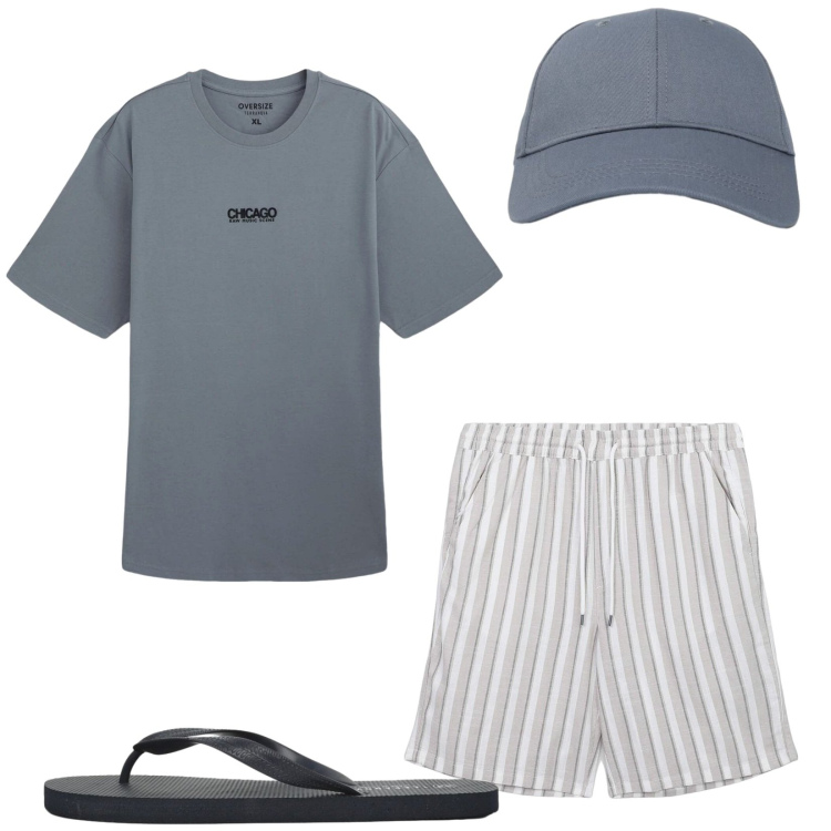 Outfit uomo - Total look #2429533. Stile Casual per Mare. Abbinamento con pantaloni corti, cappelli con visiera, t-shirt, sandali.