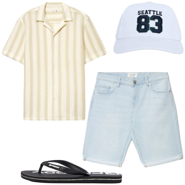 Outfit uomo - Total look #2429544. Stile Casual per Mare. Abbinamento con cappelli, camicie a manica corta, shorts, sandali.