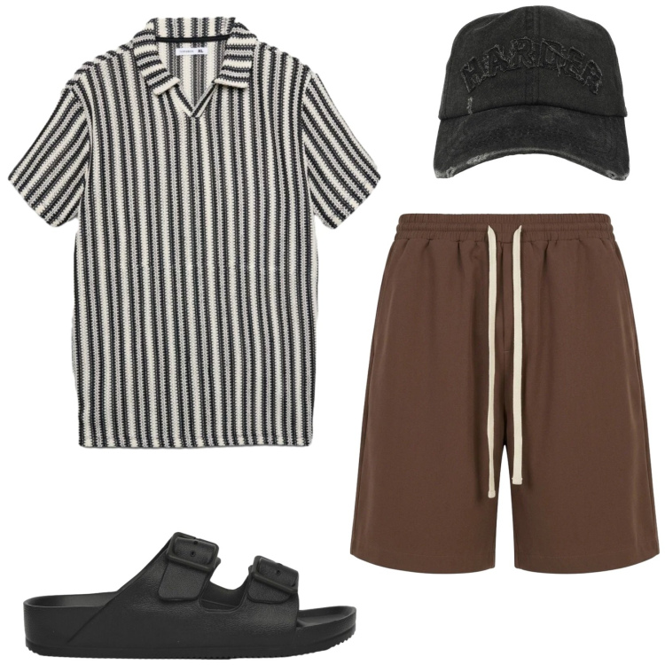 Outfit uomo - Total look #2429548. Stile Casual per Mare. Abbinamento con cappelli con visiera, pantaloni corti, sandali, polo.