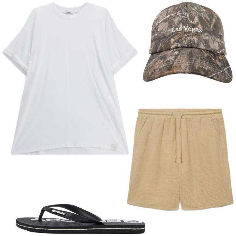 Outfit uomo - Total look #2429549. Stile Casual per Mare. Abbinamento con cappelli con visiera, pantaloni corti, sandali, t-shirt.