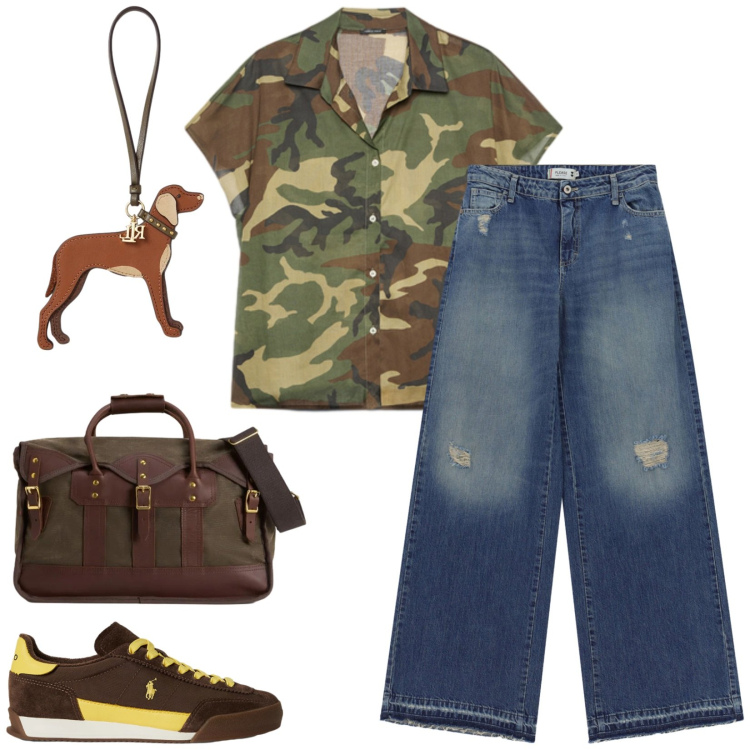 Outfit donna - Total look #2429550. Stile Trendy per Tutti i giorni. Abbinamento con jeans dritti, camicie a manica corta, ciondoli, sneakers, borse a tracolla.