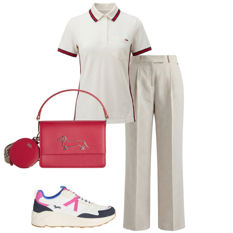 Outfit donna - Casual. Stile Casual per Tutti i giorni. Abbinamento con polo, pantaloni, sneakers, borse a tracolla.