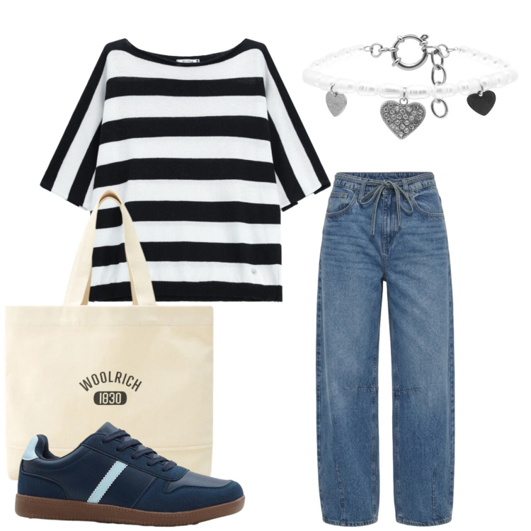 Outfit donna - Total look #2429554. Stile Casual chic per Tutti i giorni. Abbinamento con sneakers, jeans, top, braccialetti, borse tote.