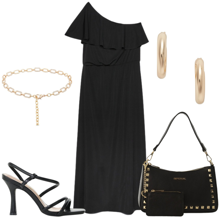 Outfit donna - Total look #2429555. Stile Casual chic per Serata fuori. Abbinamento con cinture, borse a spalla, sandali col tacco, vestiti lunghi, orecchini.