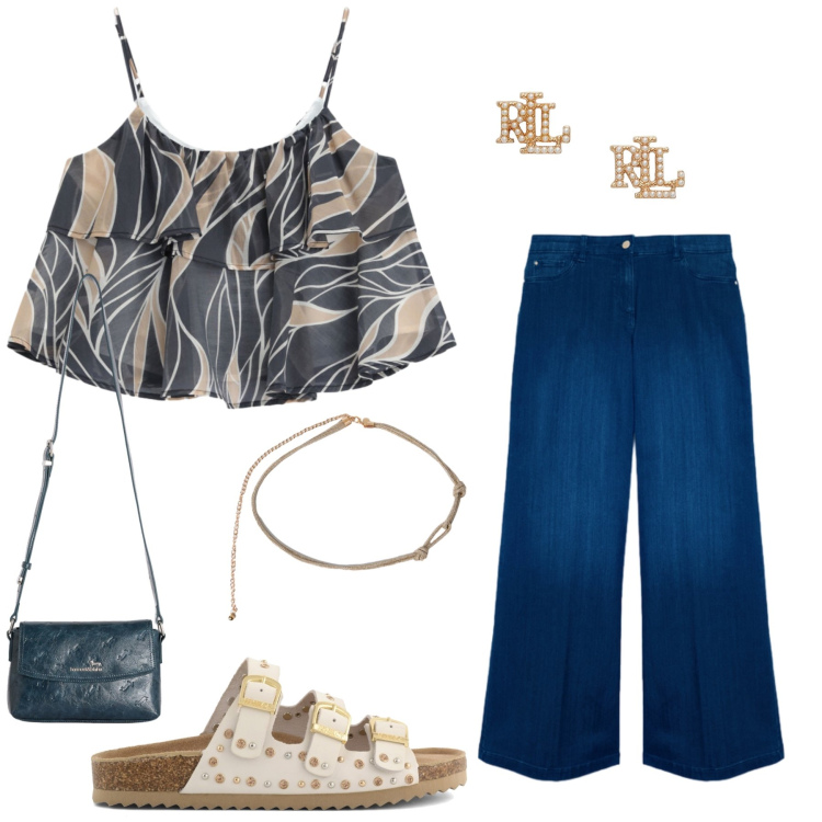 Outfit donna - Total look #2429558. Stile Casual chic per Tutti i giorni. Abbinamento con borse a tracolla, top, jeans, cinture, orecchini, sandali.