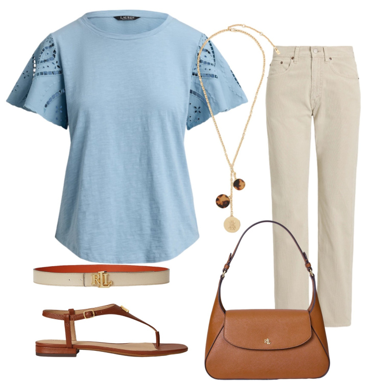 Outfit donna - Total look #2429559. Stile Casual chic per Tutti i giorni. Abbinamento con cinture, sandali in pelle, borse a spalla, collane, pantaloni, t-shirt.
