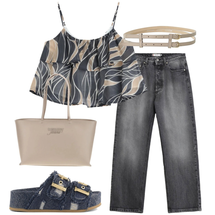 Outfit donna - Total look #2429562. Stile Casual per Tutti i giorni. Abbinamento con cinture, jeans, top, zeppe, borse a spalla.