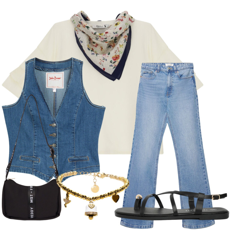 Outfit donna - Total look #2429566. Stile Casual chic per Tutti i giorni. Abbinamento con gilet, jeans bootcut, sandali, top, braccialetti, borse a tracolla.