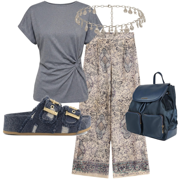 Outfit donna - Total look #2429568. Stile Casual per Tutti i giorni. Abbinamento con zaini, pantaloni a palazzo, t-shirt, cinture, zeppe.