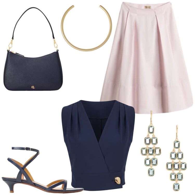 Outfit donna - Total look #2429569. Stile Casual chic per Ufficio. Abbinamento con top, borse a spalla, sandali col tacco, orecchini, collane, gonne lunghe.