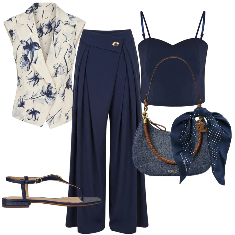 Outfit donna - Elegante. Stile Chic per Cerimonia. Abbinamento con gilet, pantaloni a palazzo, top, foulard, sandali in pelle, borse a spalla.