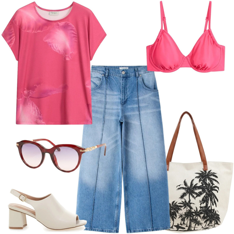 Outfit donna - Watermelon Pink - Pink Summer Energy. Stile Basic per Mare. Abbinamento con t-shirt, bikini, jeans, occhiali da sole, sandali col tacco, shopping bag.