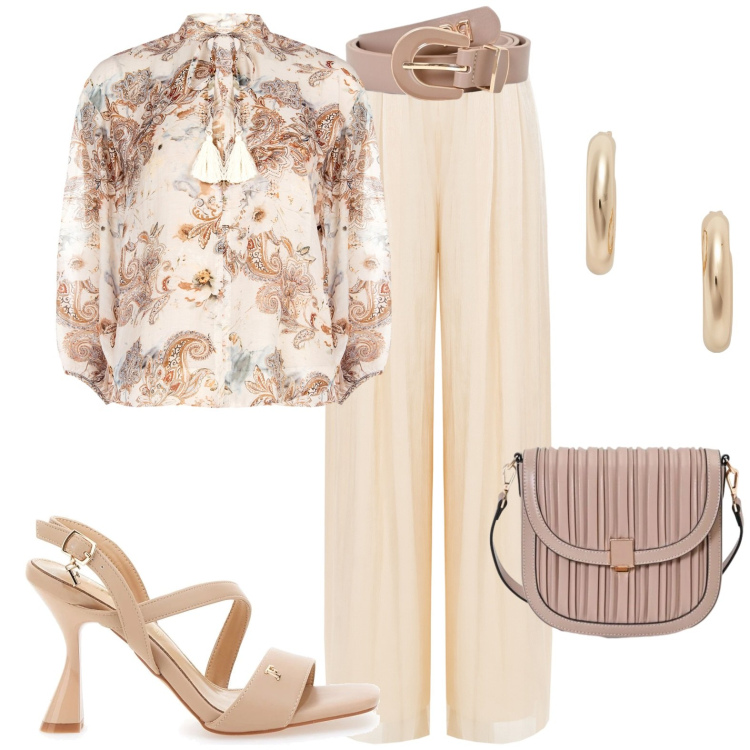 Outfit donna - Total look #2429576. Stile Casual chic per Cerimonia. Abbinamento con bluse, pantaloni a palazzo, borse a tracolla, cinture, orecchini, sandali col tacco.