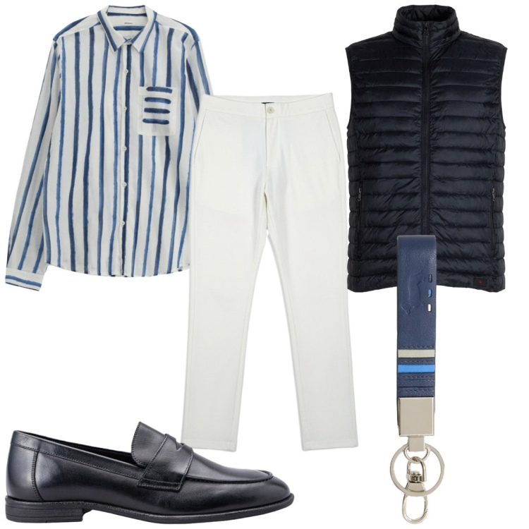 Outfit uomo - Righe d\'estate stasera. Stile Trendy per Tutti i giorni. Abbinamento con portachiavi, pantaloni, piumini, scarpe stringate, camicie.