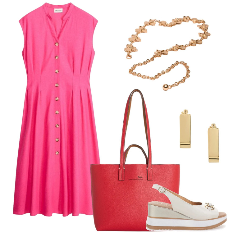 Outfit donna - Watermelon Pink - Pink Summer Energy. Stile Casual chic per Tutti i giorni. Abbinamento con vestiti chemisier, shopping bag, cinture, orecchini, sandali in pelle.