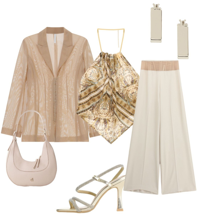 Outfit donna - IMPERIAL dalla mattina alla sera. Stile Glamour per Tutti i giorni. Abbinamento con orecchini, borse a tracolla, blazer, pantaloni a palazzo, sandali col tacco, top.