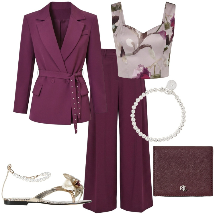 Outfit donna - Cerimonia. Stile Chic per Cerimonia. Abbinamento con ciabatte, blazer, pantaloni a palazzo, top, braccialetti, portafogli.