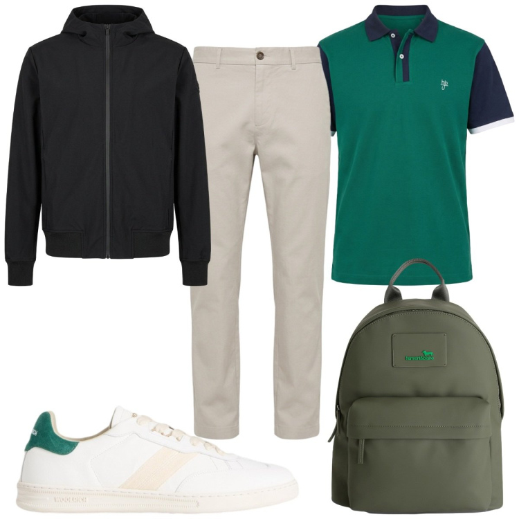 Outfit uomo - Total look #2429587. Stile Casual per Tutti i giorni. Abbinamento con borse sportive, pantaloni, polo, bomber, sneakers.