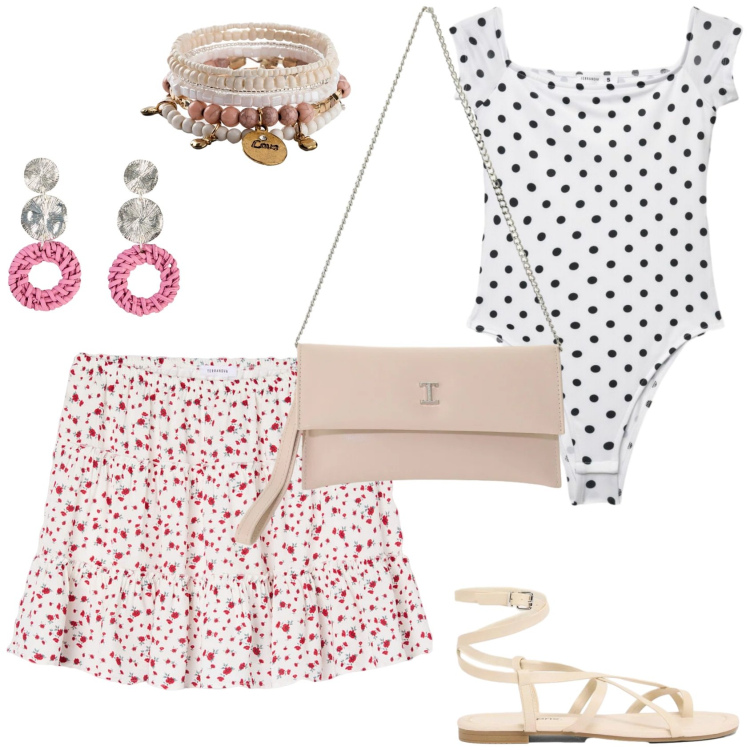 Outfit donna - L\'outfit sbarazzino. Stile Romantica per Tutti i giorni. Abbinamento con sandali, orecchini, braccialetti con ciondoli, minigonne, top, borse a tracolla.