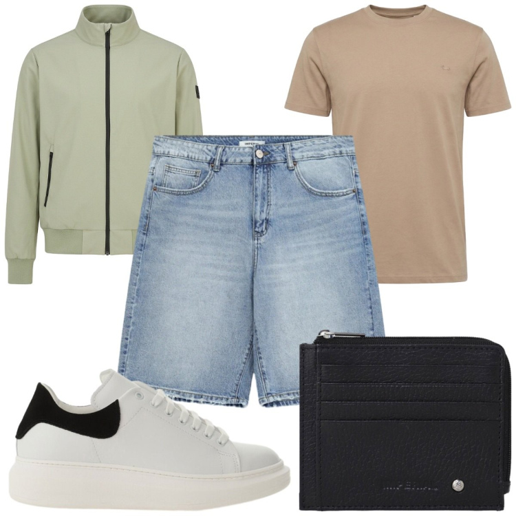 Outfit uomo - Total look #2429589. Stile Casual per Tutti i giorni. Abbinamento con t-shirt, bomber, sneakers, portafogli, bermuda.