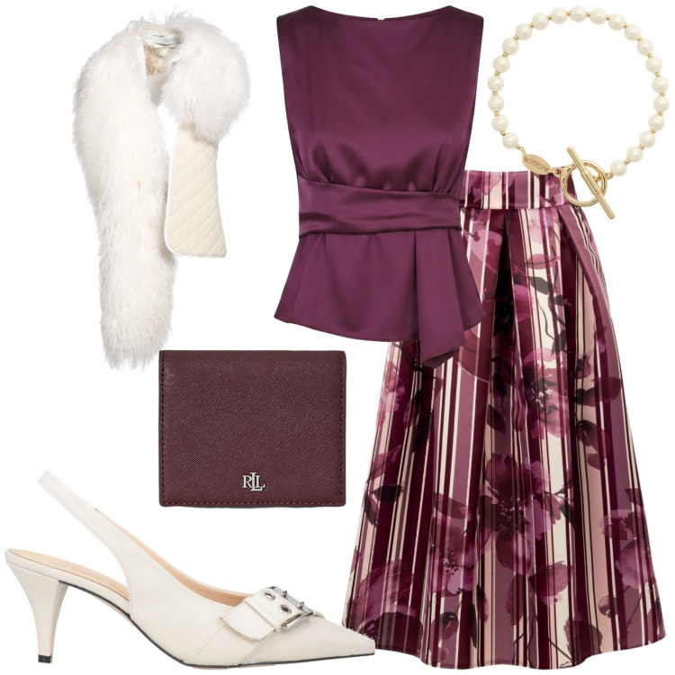 Outfit donna - Total look #2429594. Stile Chic per Cerimonia. Abbinamento con cinture, décolleté, portafogli, braccialetti, top, gonne longuette.