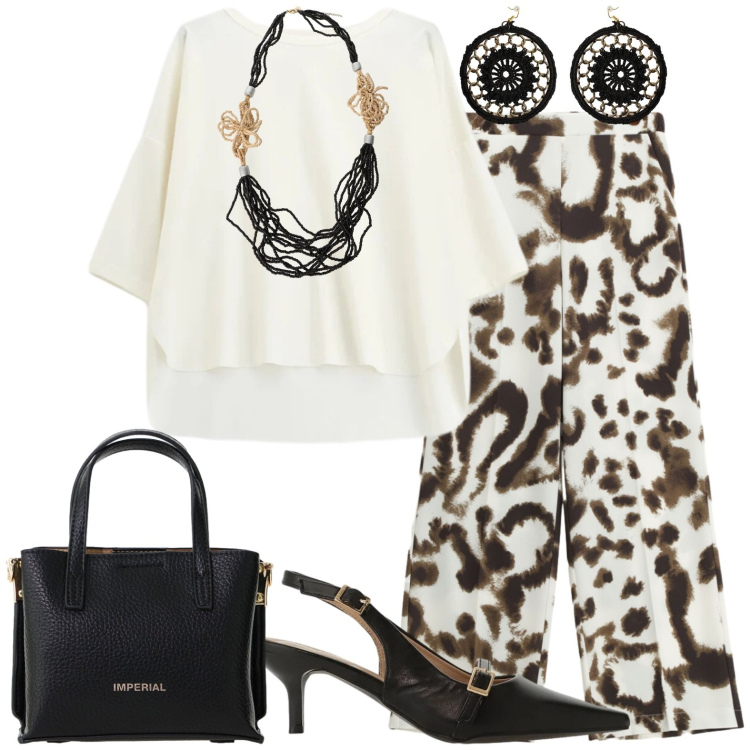 Outfit donna - Chic e ...... Stile Casual chic per Serata fuori. Abbinamento con collane, orecchini, sandali col tacco, pantaloni a palazzo, bluse, borse a tracolla.