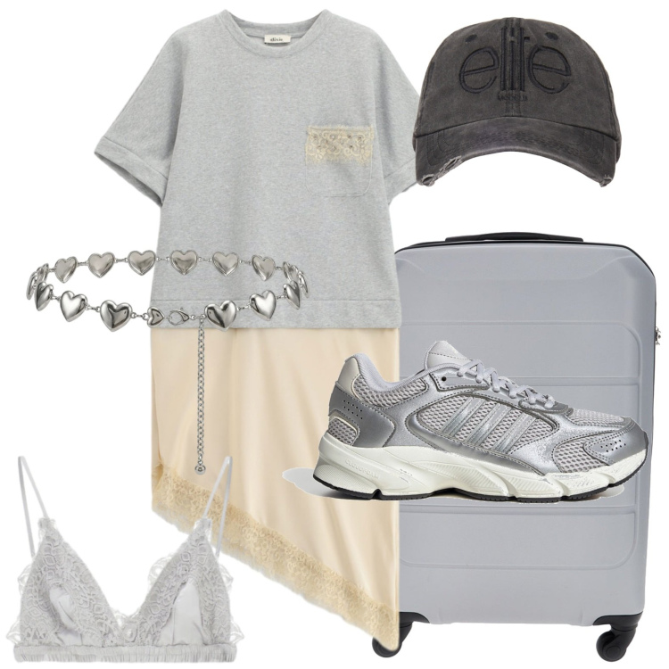 Outfit donna - Summer Sale Style. Stile Casual per Tutti i giorni. Abbinamento con reggiseni, vestiti asimmetrici, cappelli, cinture, valigie, sneakers.