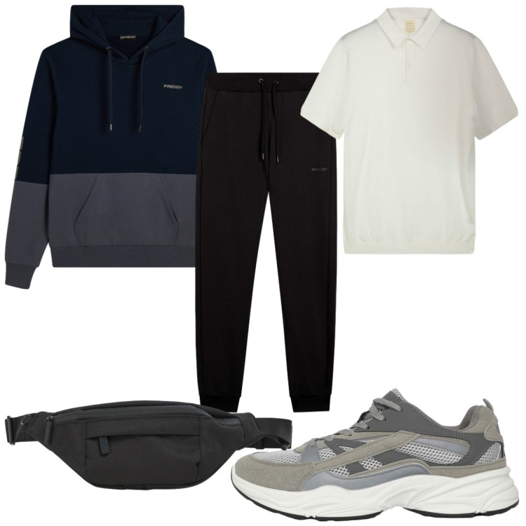 Outfit uomo - Total look #2429610. Stile Trendy per Sport. Abbinamento con sneakers, borse sportive, felpe con cappuccio, pantaloni, polo.