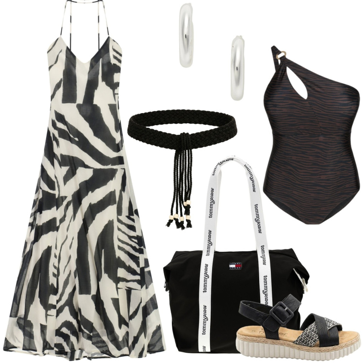Outfit donna - Dalla spiaggia all\'aperitivo!. Stile Casual chic per Mare. Abbinamento con sandali, vestiti lunghi, costumi interi, cinture, orecchini, shopping bag.