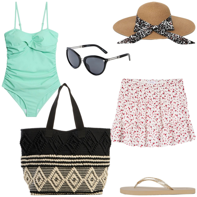 Outfit donna - Weekend al mare. Stile Romantica per Mare. Abbinamento con occhiali da sole, shopping bag, costumi interi, minigonne, cappelli, infradito.