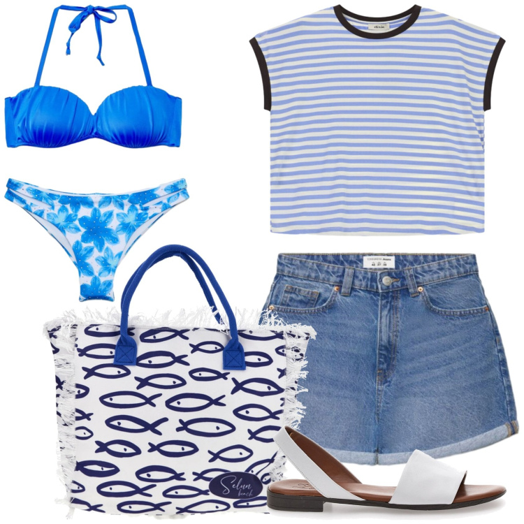 Outfit donna - Sea style. Stile Casual per Mare. Abbinamento con shorts, bikini, bikini, top, sandali, shopping bag.