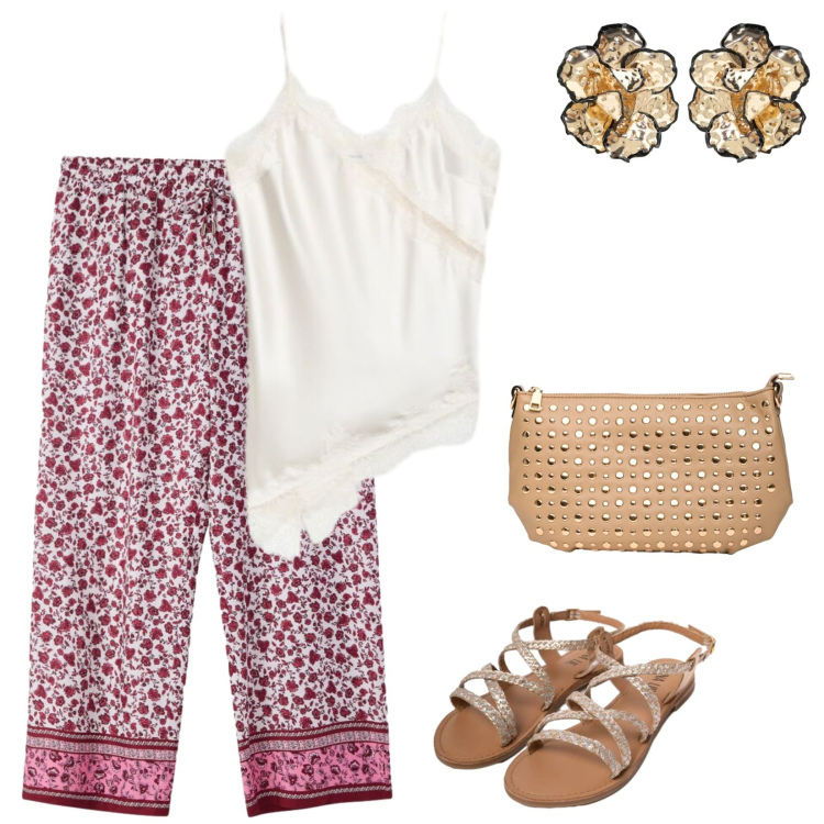 Outfit donna - Pink estate. per Tutti i giorni. Abbinamento con pantaloni, canottiere, orecchini, sandali in pelle, borse a spalla.
