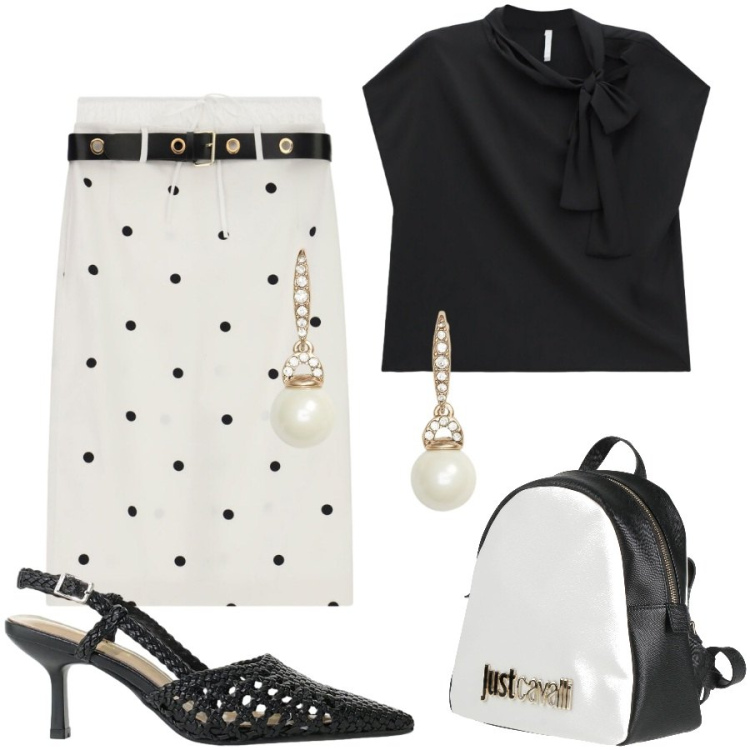 Outfit donna - Estate in città. Stile Chic per Ufficio. Abbinamento con zaini, gonne longuette, canottiere, décolleté, orecchini.